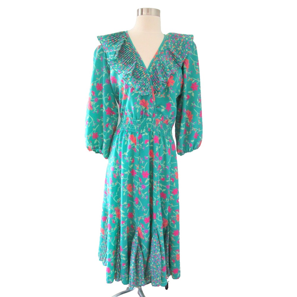 Vintage Susan Tudor Dress Womens Medium (Lg) Green Pink Floral Cottagecore 1980s